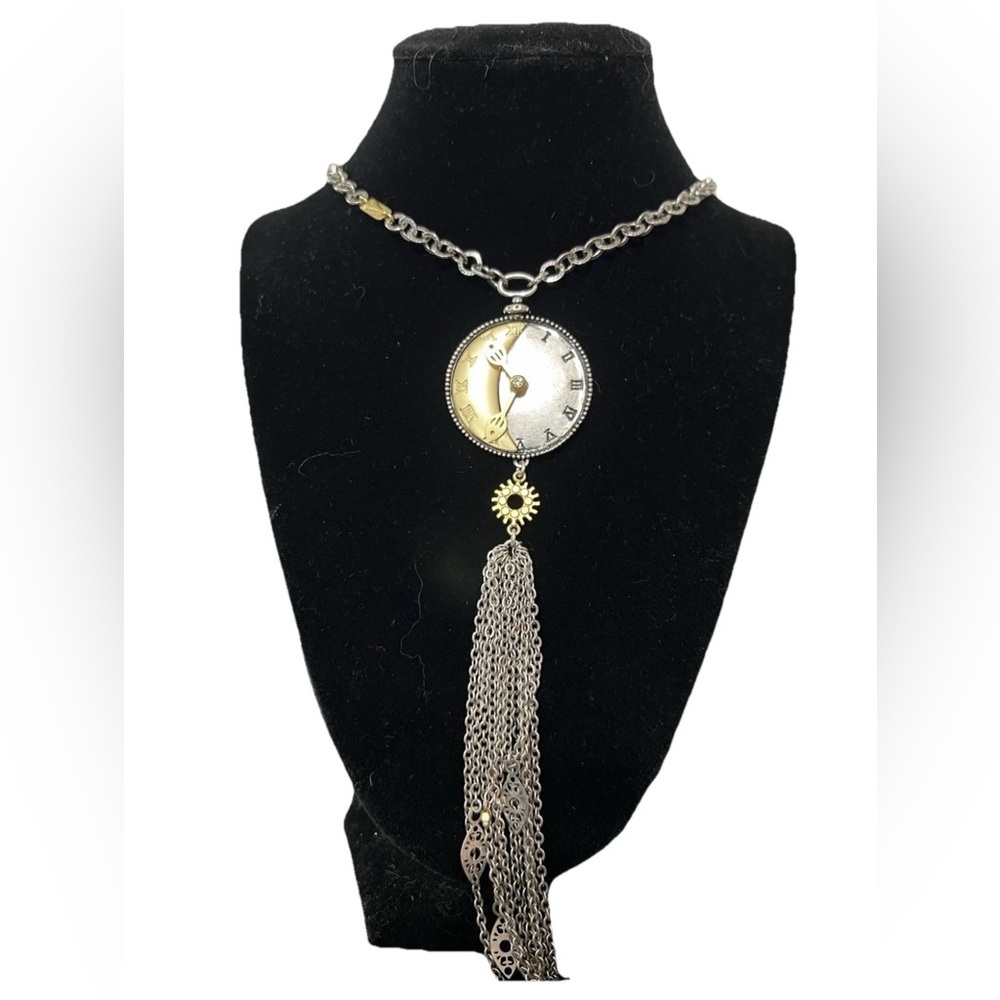 Necklace Silver Toned Chicos Clock Moon Sun Stars Chain Tassel Celestial